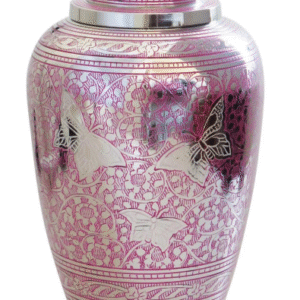 Butterfly Engraved Metal Cremation Urn – Pink & Silver Finish