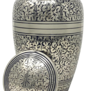 Engraved Vine Leaf Brass Urn – Silver with Black Detailing