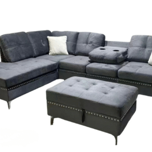 Reversible velvet grey, green and black sectional with drop down tray